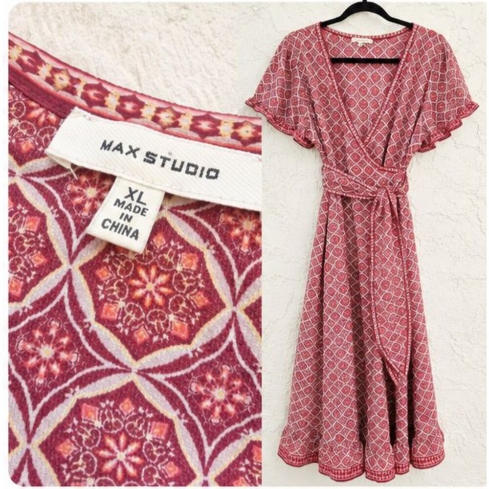 Max Studio Womens XL Burgundy Geo Print Faux Wrap Smocked Maxi Dress Pockets